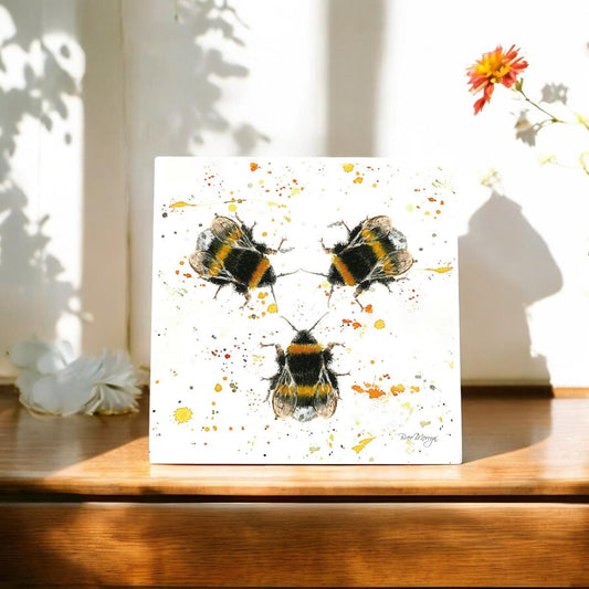 Three Bees Wall Art Tile by Bree Merryn – Handcrafted 20x20cm Ceramic Hanging Decor | Bumblebee Wildlife Illustration | Nature-Inspired Artwork | Perfect for Home, Office, or Gift"