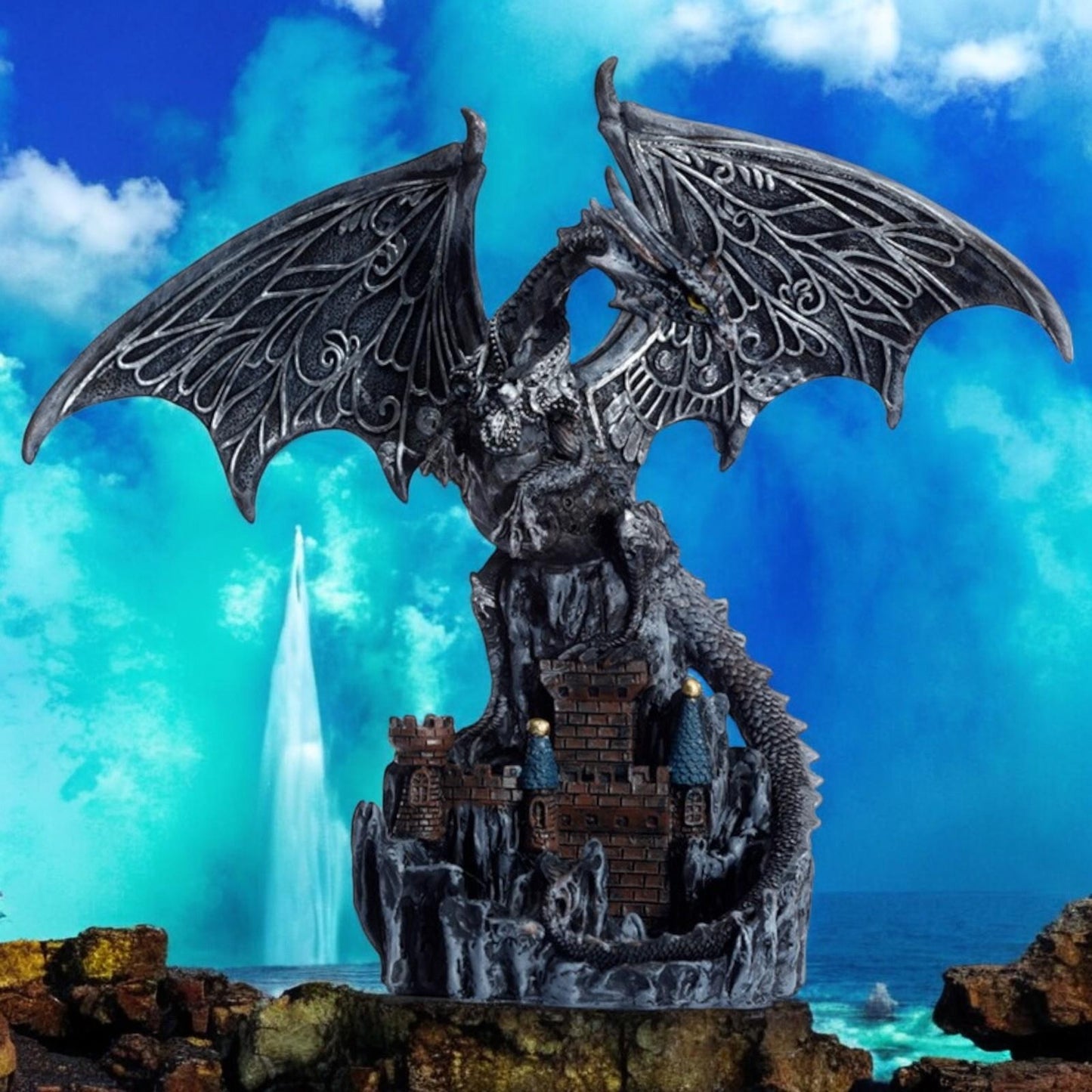 Castle Protector Dragon Statue - Magic Silver Fantasy Ornament Decor
