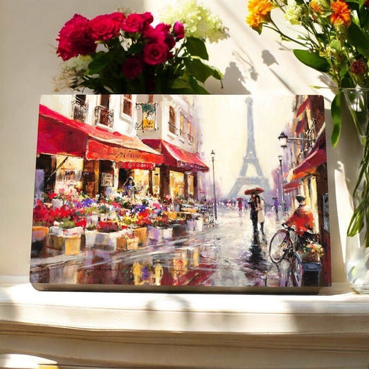 APRIL IN PARIS Brent Heighton Ceramic Art Tile 30x20cm - Ready to Hang | Parisian Street Scene with Eiffel Tower and Flower Shop - Boxed Gift Idea"