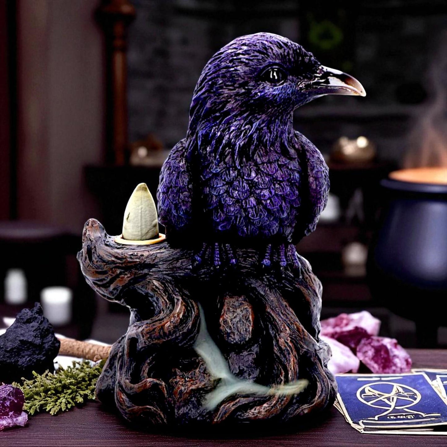 Gothic Raven Incense Burner Mystical Backflow Cone Holder Dark Halloween Art