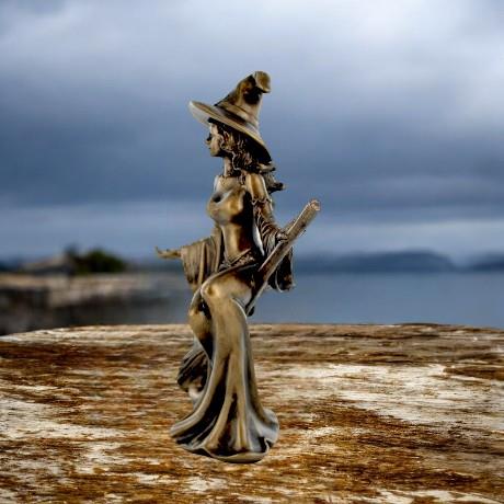 Enchanting Bronze Witch Figurine on Broomstick | Magical Resin Statue | Mystical Decor