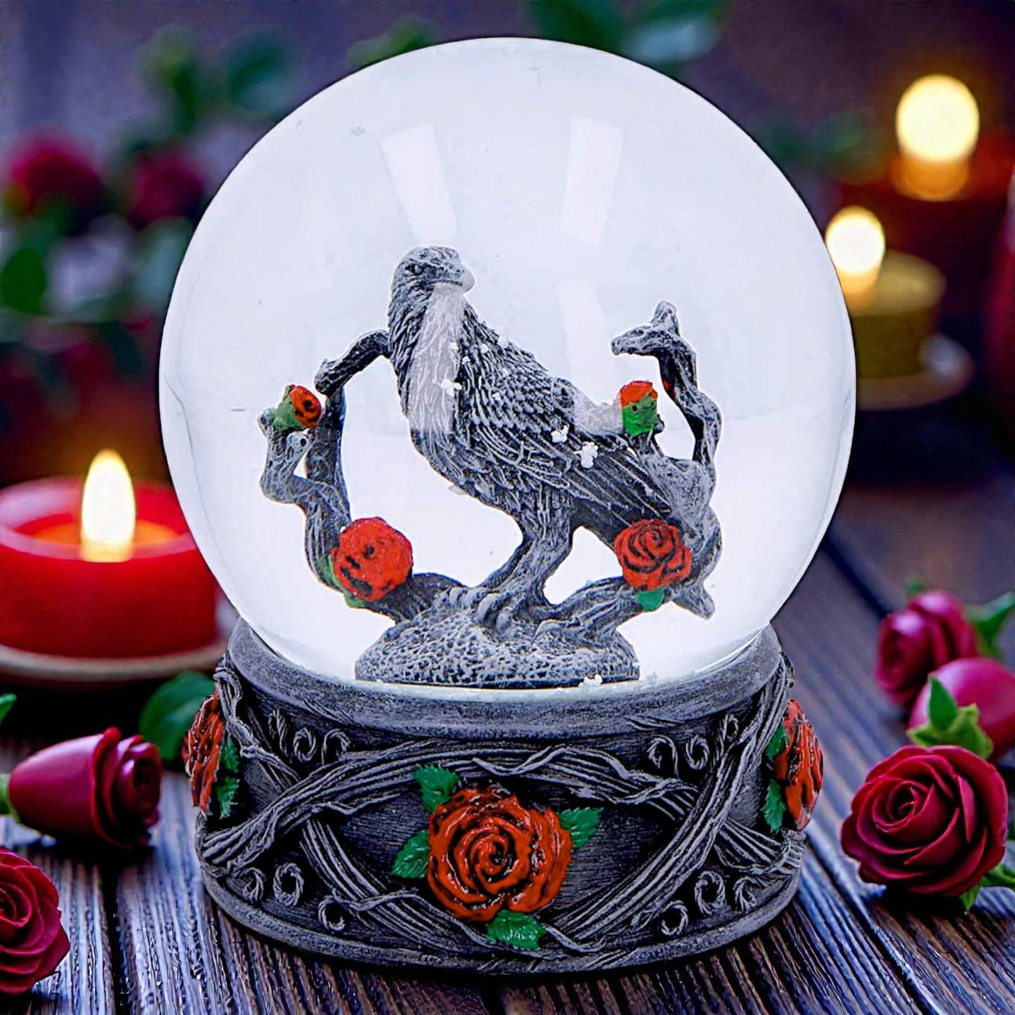 Dark Romance Raven Snow Globe Gothic Rose Ornament Alternative Decor