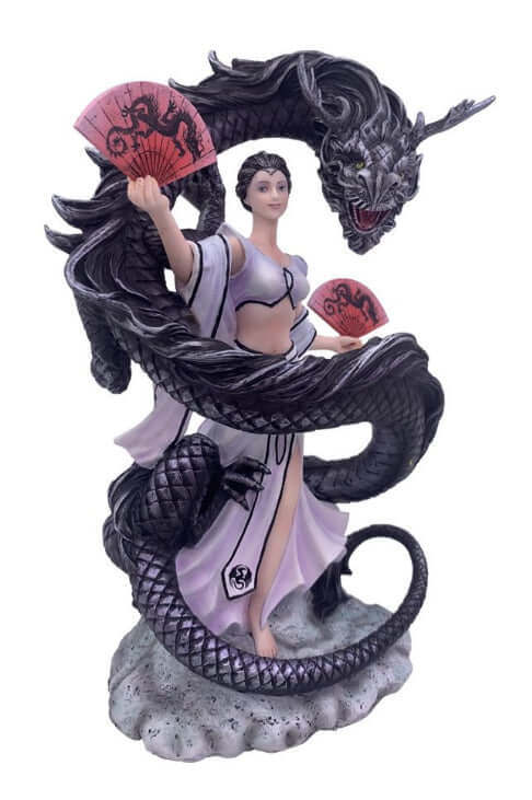 Anne Stokes Collection | Oriental Dragon Mistress Figurine | Asian-Inspired Mythical Fantasy Sculpture | Elegant Geisha with Black Dragon