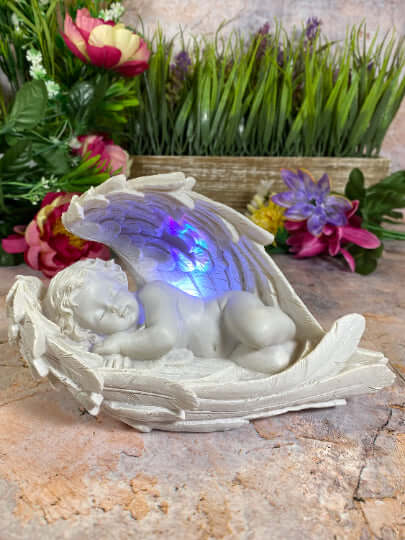 Angelic Resin Figurine with LED Light | Iridescent Angel Wings Décor | Serene Cherub Home & Meditation Space Accent-Osiris Craftworks