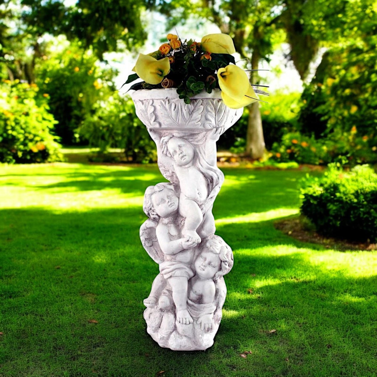 Cherub Trio Holding Bowl - Classical Stone Effect Bird Bath/Planter