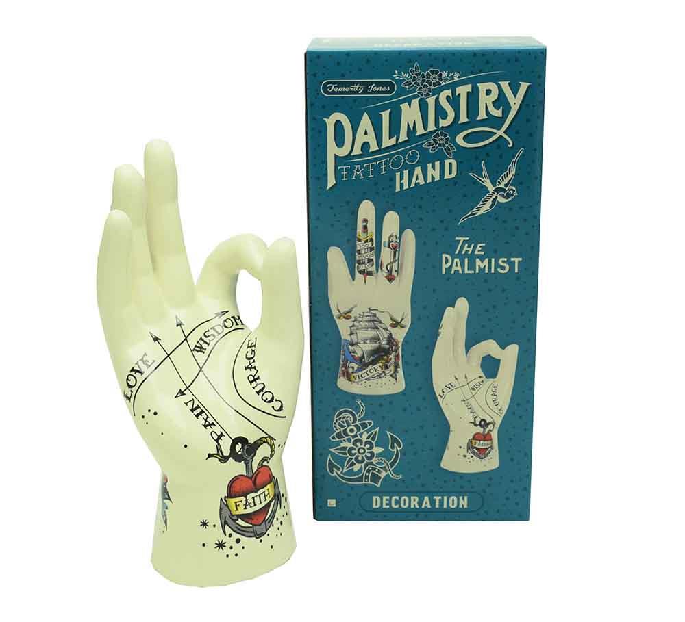 Palmistry Tattoo Hand Sculpture – Resin Fortune Telling Decor – Mystical Palmistry Guide – 22.5 cm Ornament