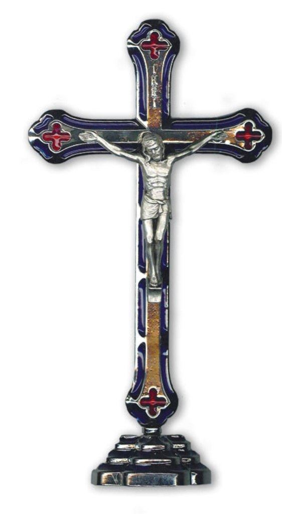 Silver Effect Metal Crucifix with Blue & Red Enamel - Boxed Religious Cross - 15 cm