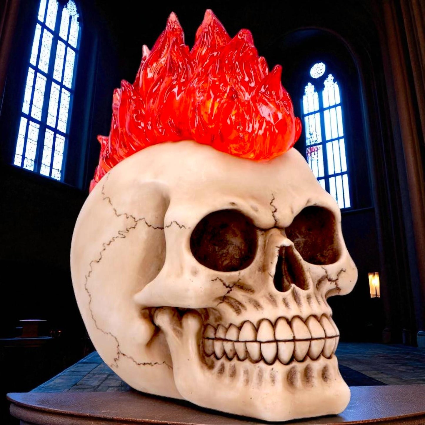 Gothic Skull with Led Flame Mohawk Sculpture Horror Creepy Halloween Figurine