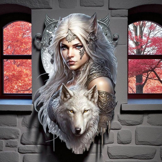 Fantasy Wolf Warrior Wall Plaque Metal Art | Gothic White Wolf Woman | Norse Myth Inspired Decor 48cm