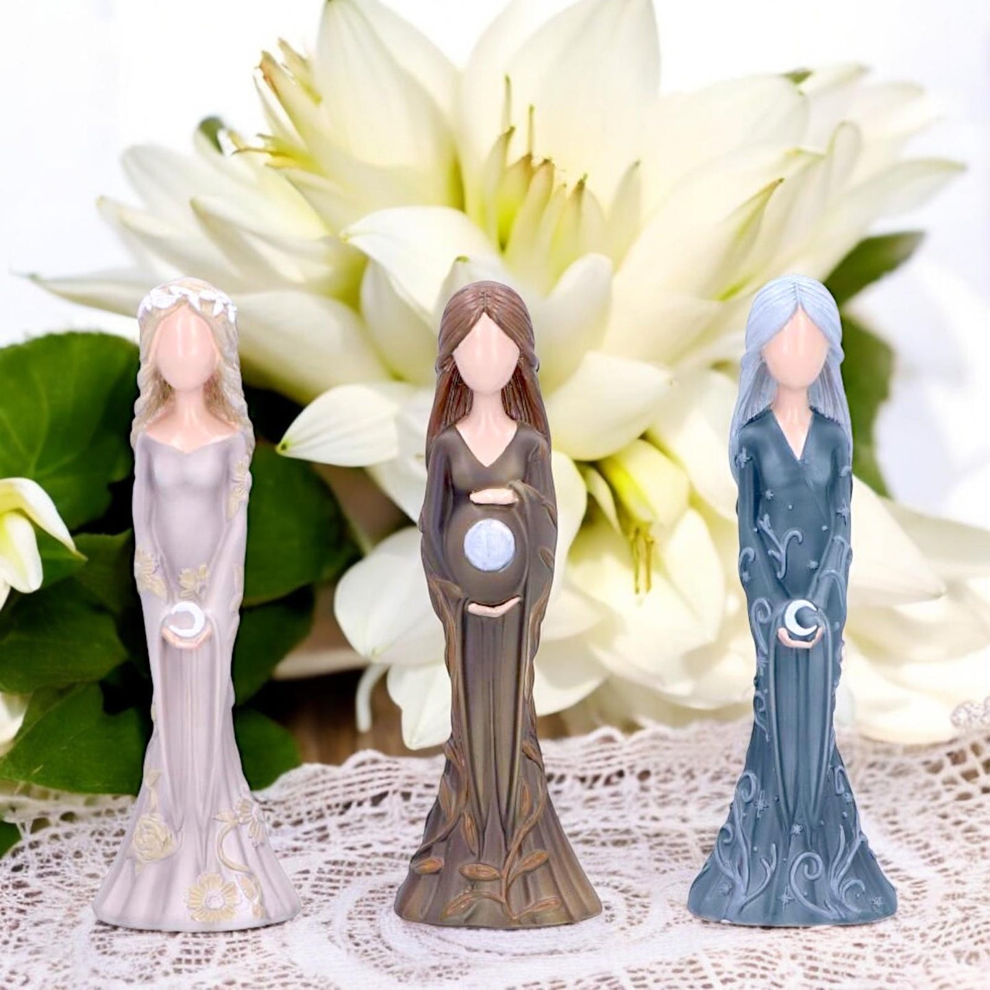 Wiccan Maiden, Mother & Crone Figurines Set 15cm Triple Goddess Statues Spiritual Altar Decor