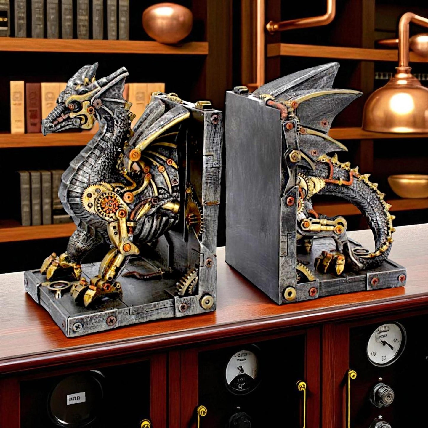Gothic Steampunk Dragon Bookends Fantasy Figurines Mythical Creatures Decor