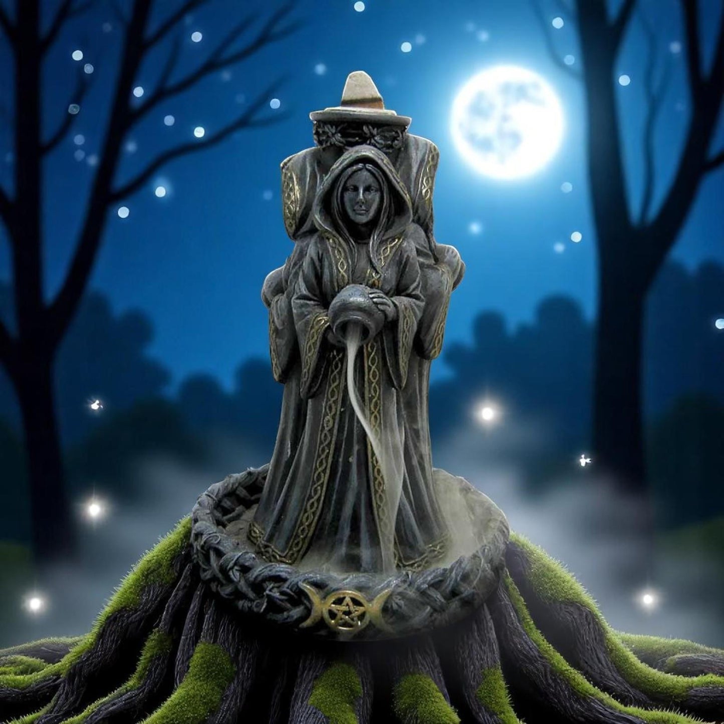 Triple Moon Goddess Incense Burner | Wiccan Backflow Resin Holder 15.5cm Witch Decor