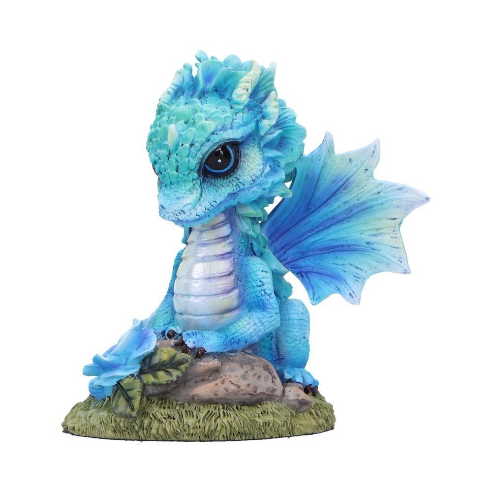 Blue Baby Dragon Figurine 11cm – Fantasy Resin Ornament with Rose & Glitter Wings