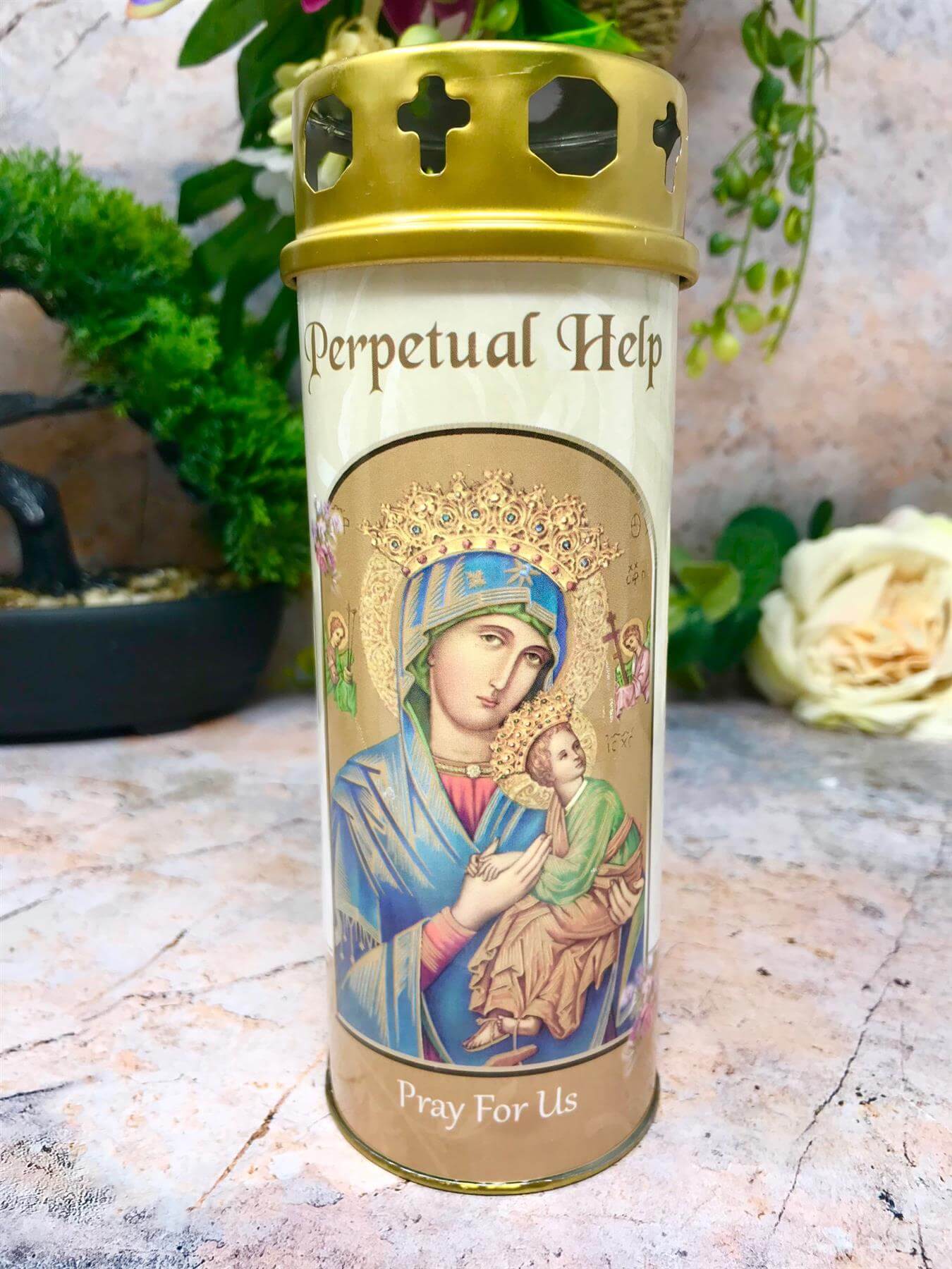 Our Lady of Perpetual Help Grave Candle Windproof Cap Prayer on Reverse Religious Graveside