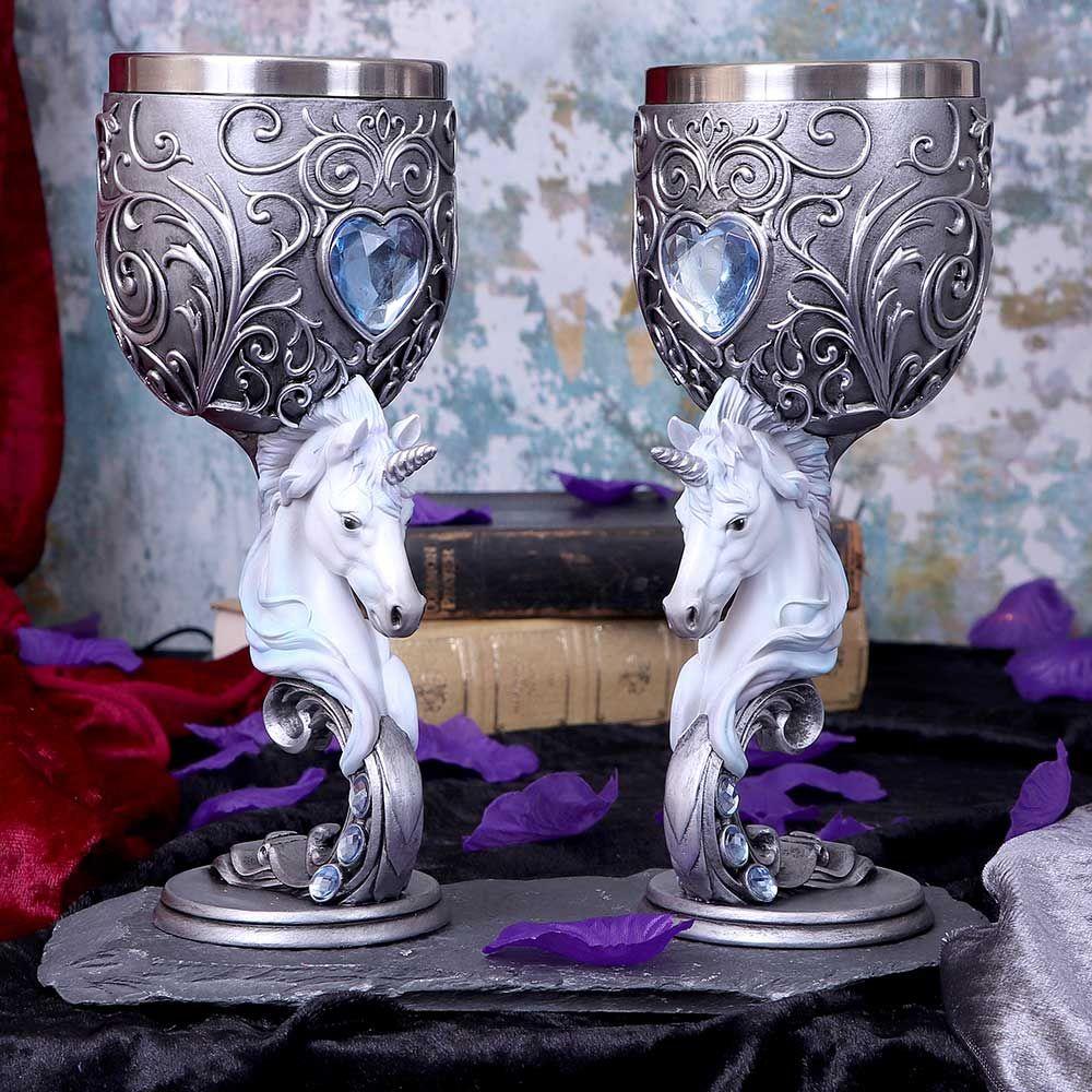 Enchanted Hearts Unicorn Goblets (Set of 2) - Twin Heart Shaped Mystical Cups 18.5cm