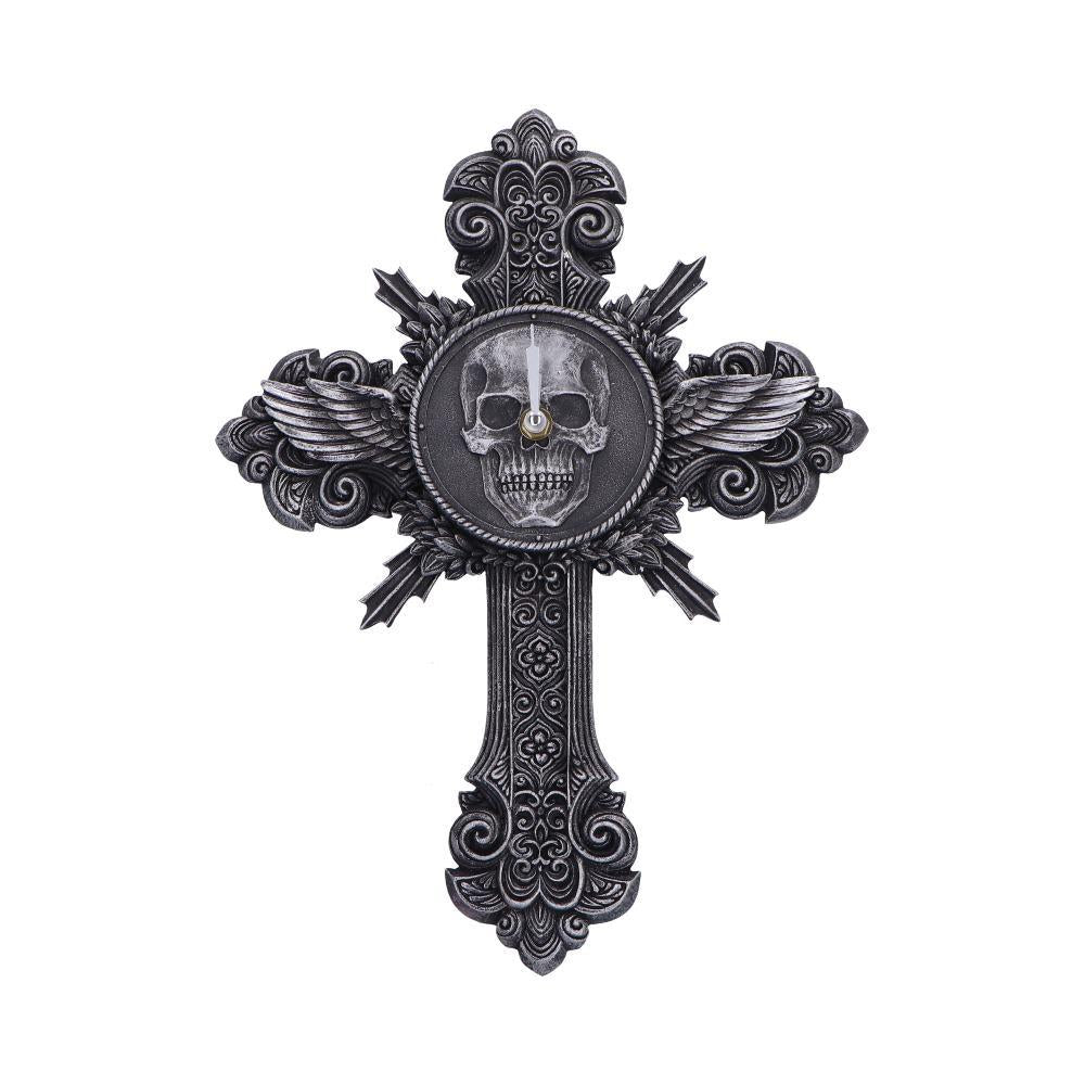 Horas Gothic Wall Clock Skull Cross Wings Silver Dark Fantasy Halloween Decor