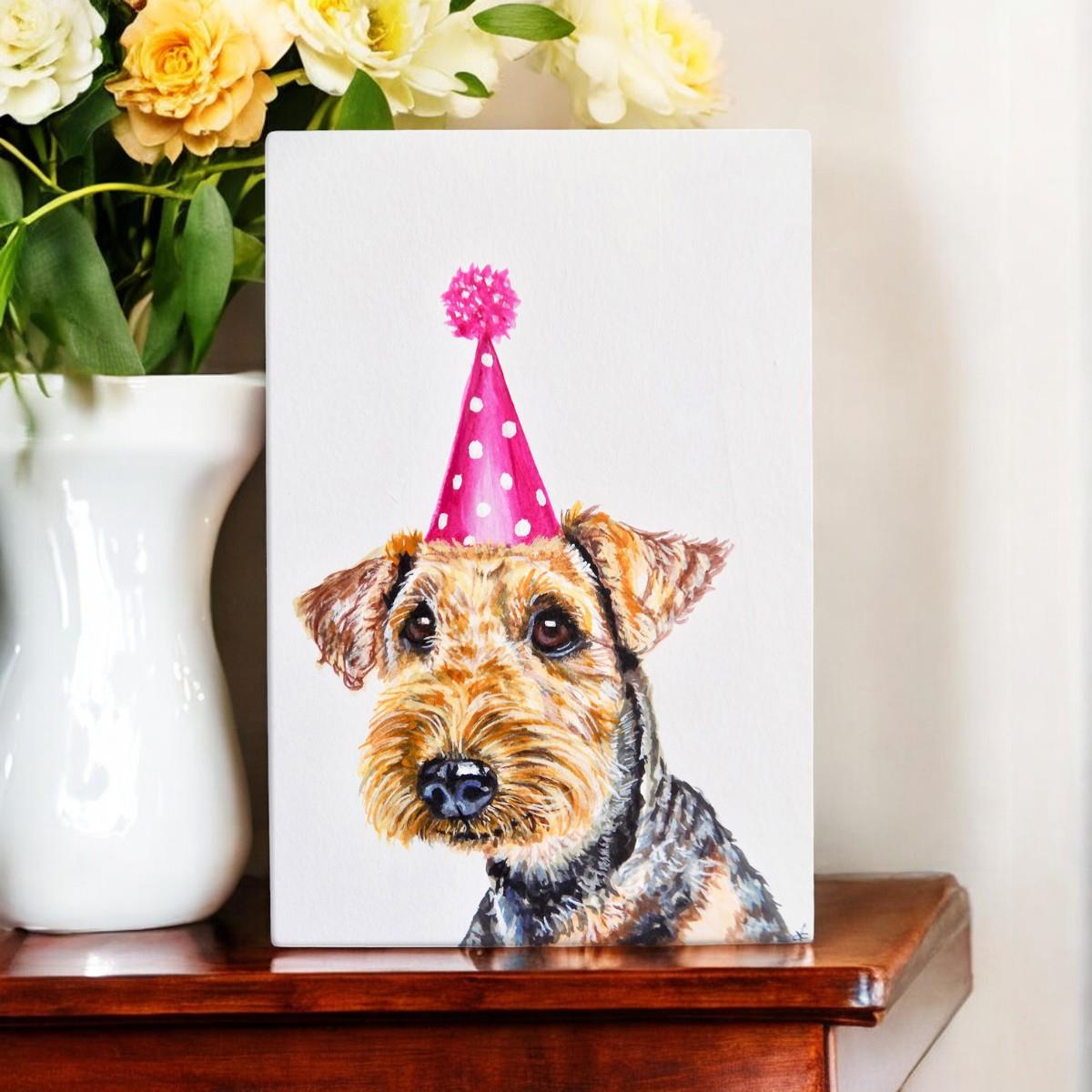 Party Airdale Terrier Ceramic Art Tile by Victoria Coleman - 20x30cm - Dog Lovers' Home Decor-Osiris Craftworks