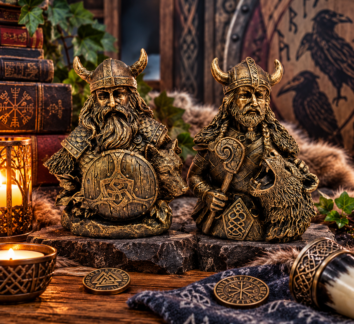 Pair Viking Warrior Wolf Bust Statues Norse Mythology Nordic Figurines 13cm