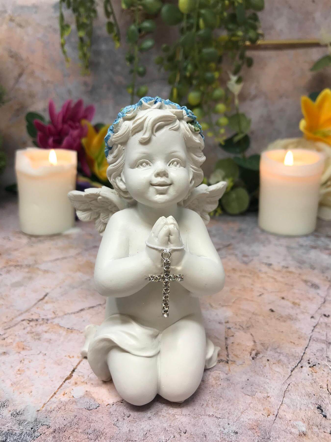 Praying Cherub Angel Figurine | 7.8cm Resin Religious Decor | Baby Angel with Cross