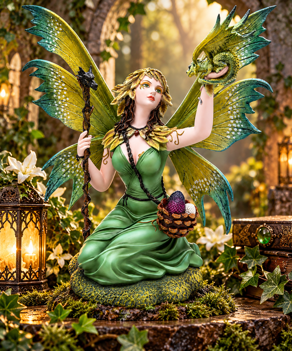 Woodland Green Fairy Dragon Statue 39cm Gothic Fantasy Figurine Home Ornament