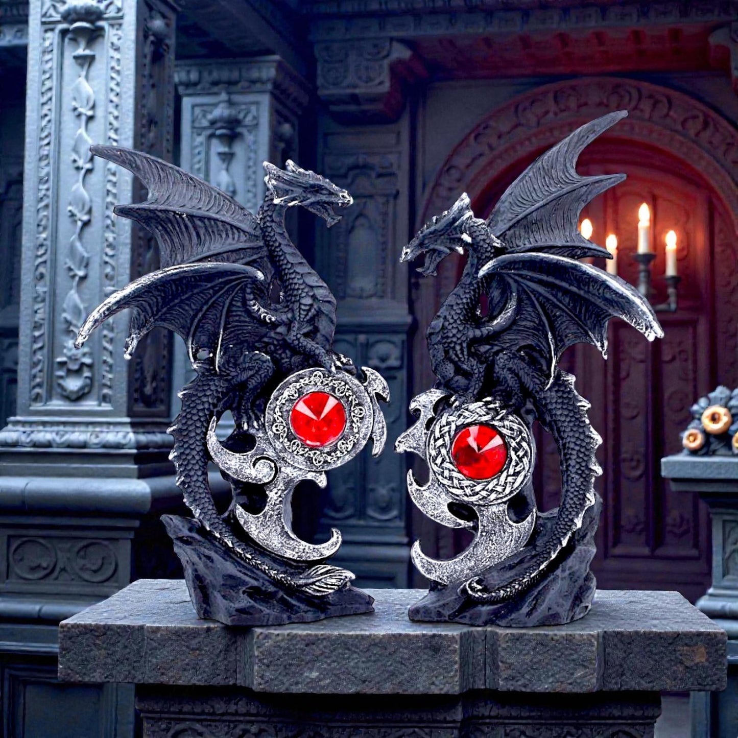 Midnight Protectors Dragon Set Gothic Fantasy Jewelled Statue Ornament Decor