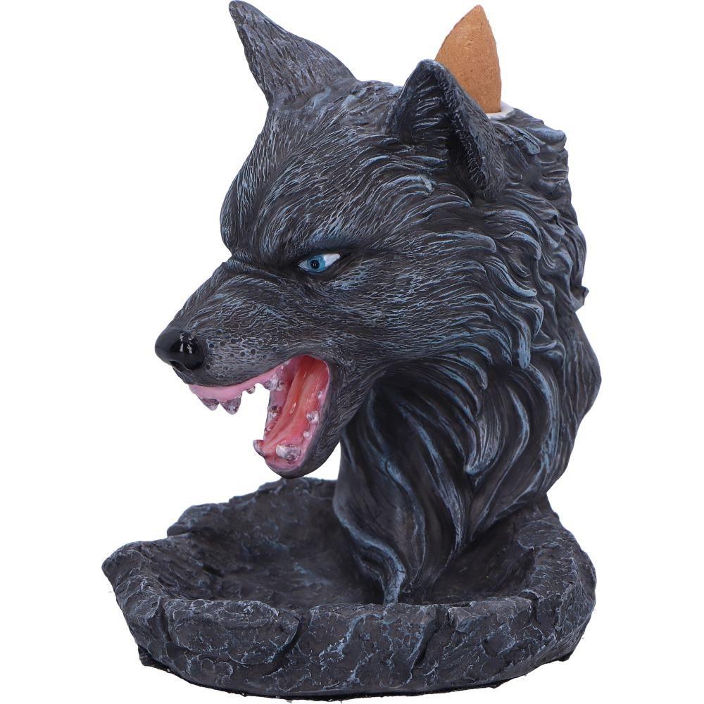 Dark Wolf Head Backflow Incense Burner | Hand-Painted Resin Aromatherapy Ornament 11.5cm