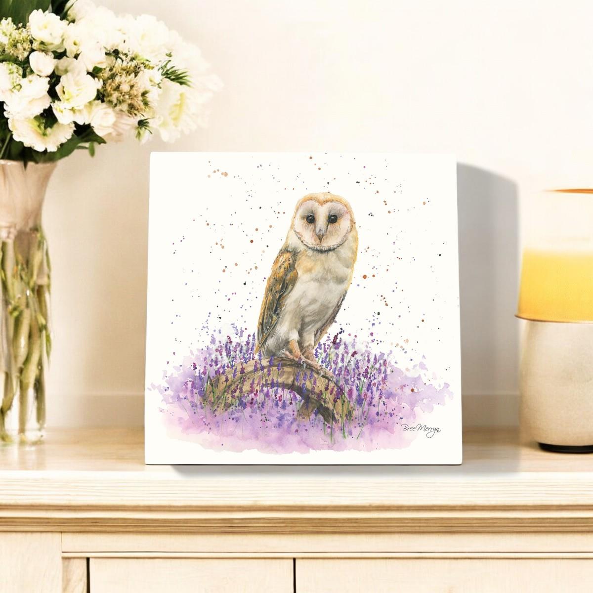 OLIVIA Owl Ceramic Art Tile by Bree Merryn – 20x20 cm Ready to Hang – Nature-Inspired Decor with Lavender Theme