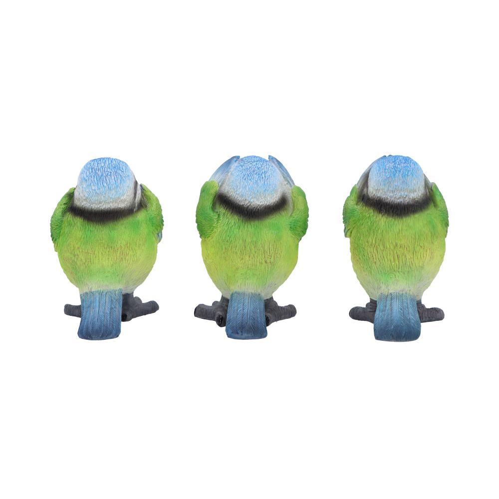 Three Wise Blue Tit Bird Figurines See No, Hear No, Speak No Evil Set Ornaments