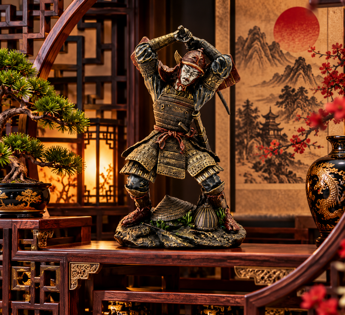 Japanese Samurai Warrior Statue 22cm Bronze Effect Oriental Figurine Ornament