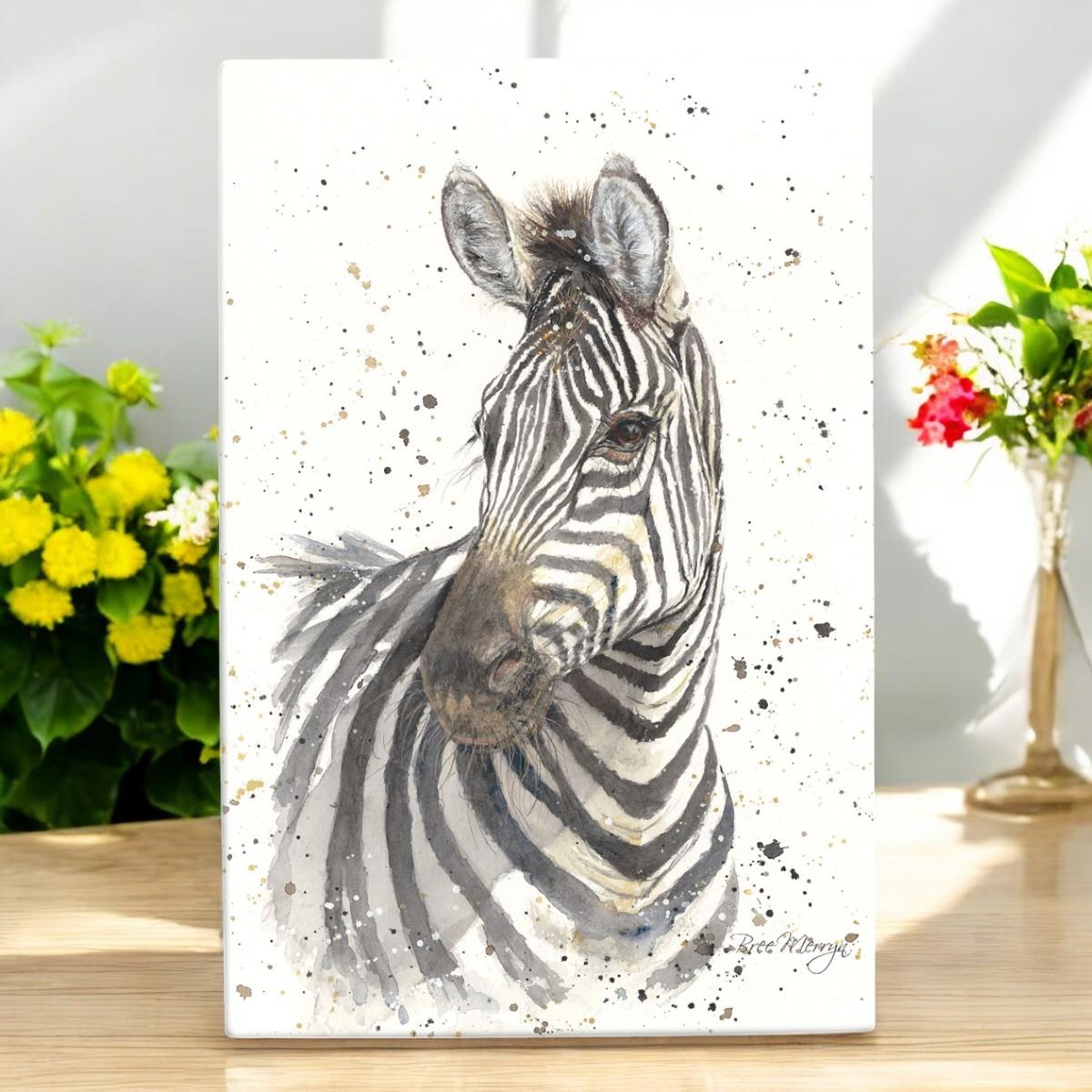 Zak Zebra Art Tile by Bree Merryn - 20x30 cm Decorative Wall Hanging - Unique Animal Artwork Ceramic Plaque Gift-Osiris Craftworks