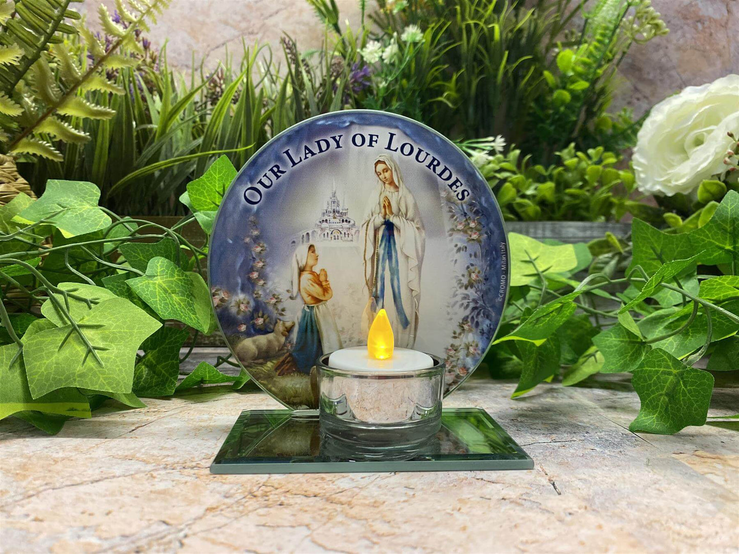 Beautiful Glass Votive Light Holder with Our Lady of Lourdes Catholic Gift