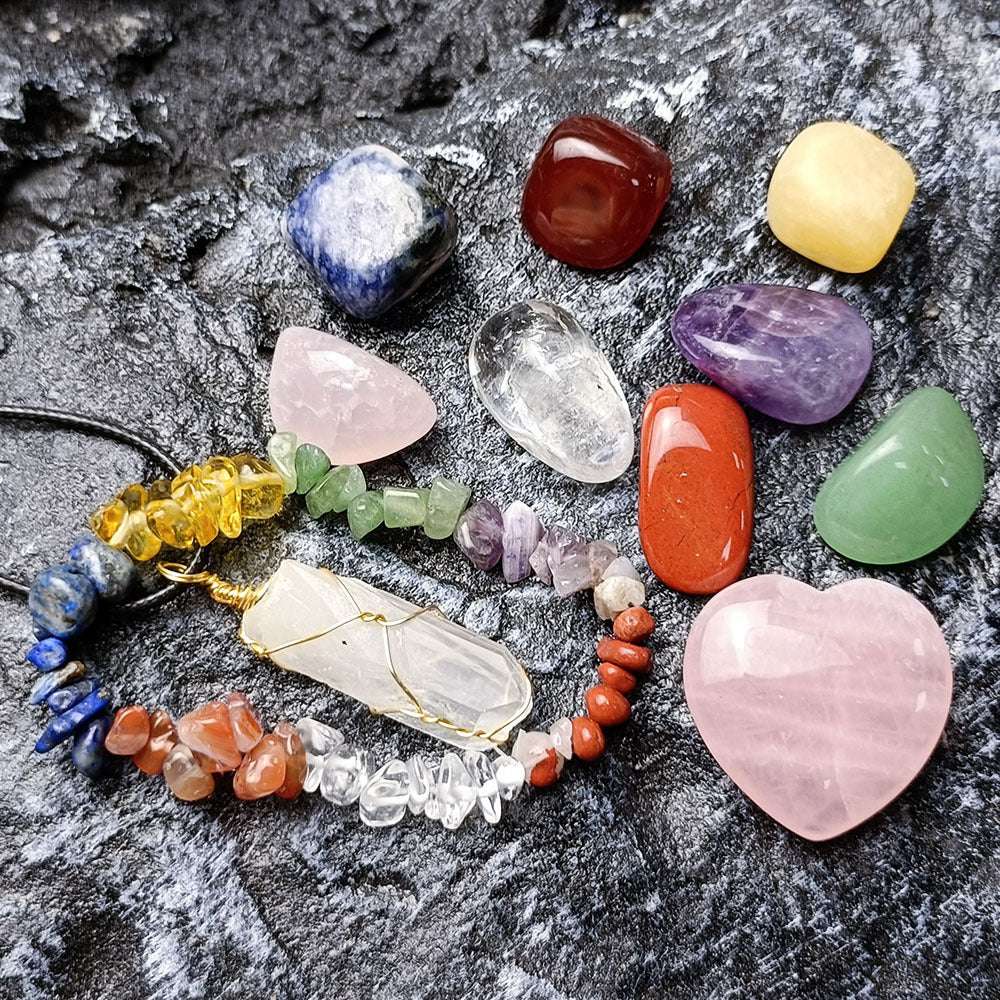 Crystal Chakra Healing Set - 12-Piece Gemstone Collection with Rose Quartz Heart, Jade, Amethyst, and Hexagon Pillar, Perfect for Meditation and Energy Balance