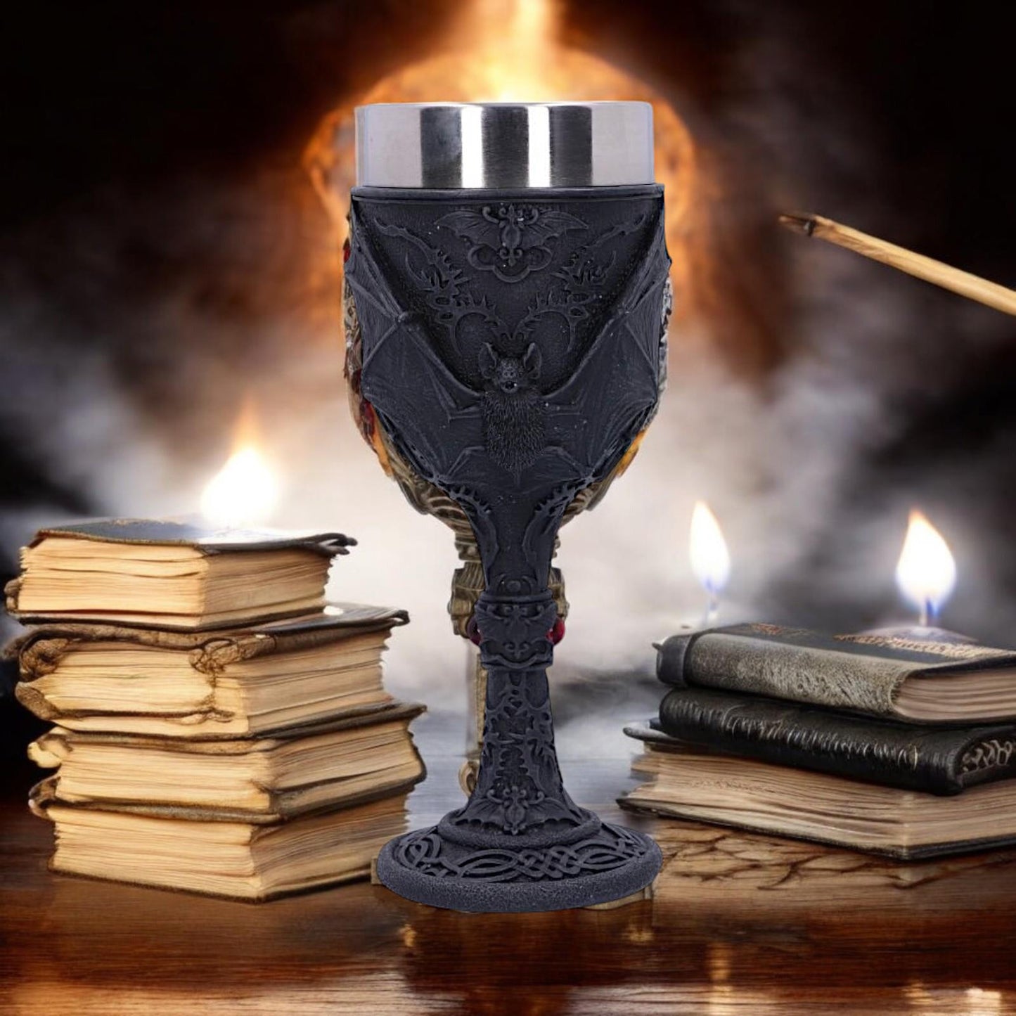 Gothic Bat Wine Goblet | Vampire Kitchen Barware | Black Resin Chalice 19.5cm