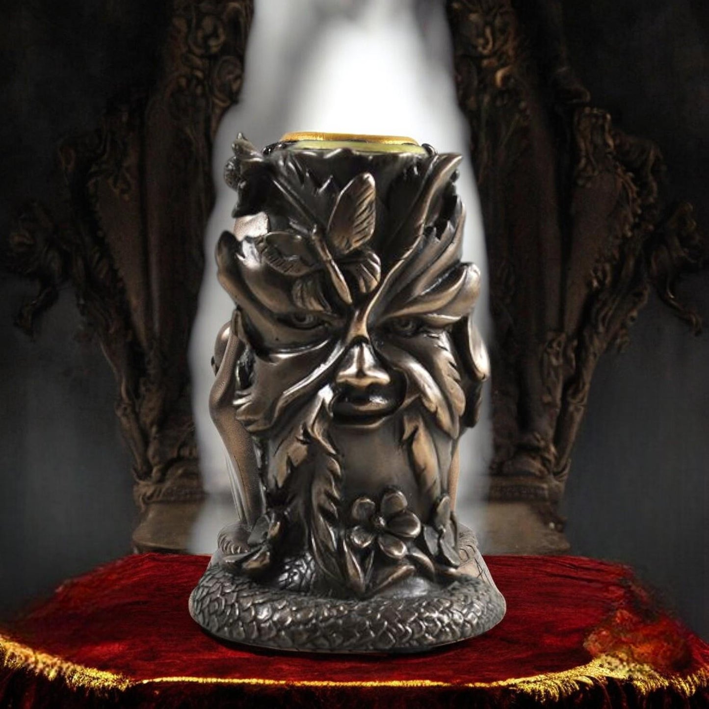 Wiccan Greenman Candle Holder - 9.2 cm Bronze Finish Pagan Decor, Nature Spirit Candle Holder