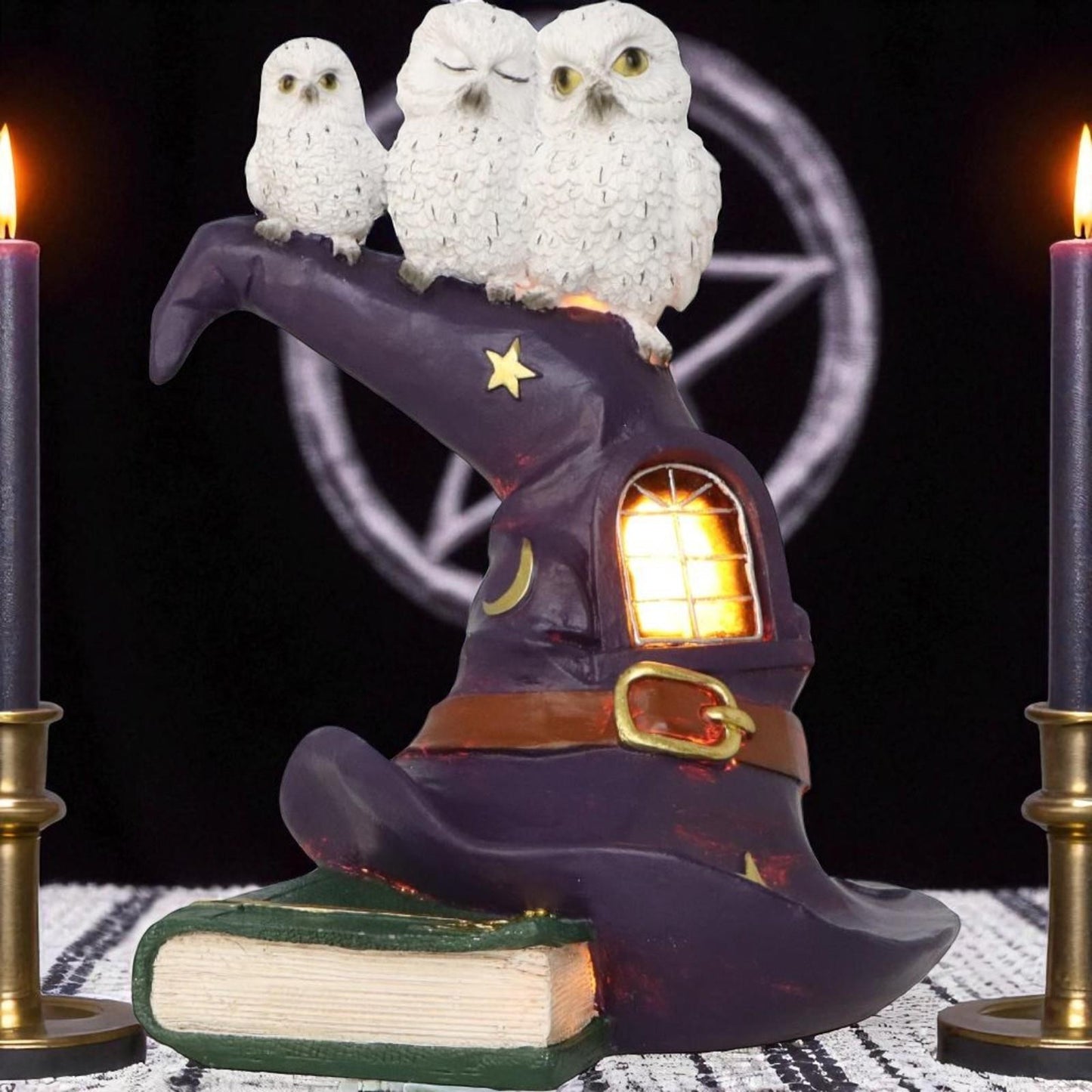 Magical Owl Witch Hat LED Ornament Wiccan Altar Figurine Spooky Halloween