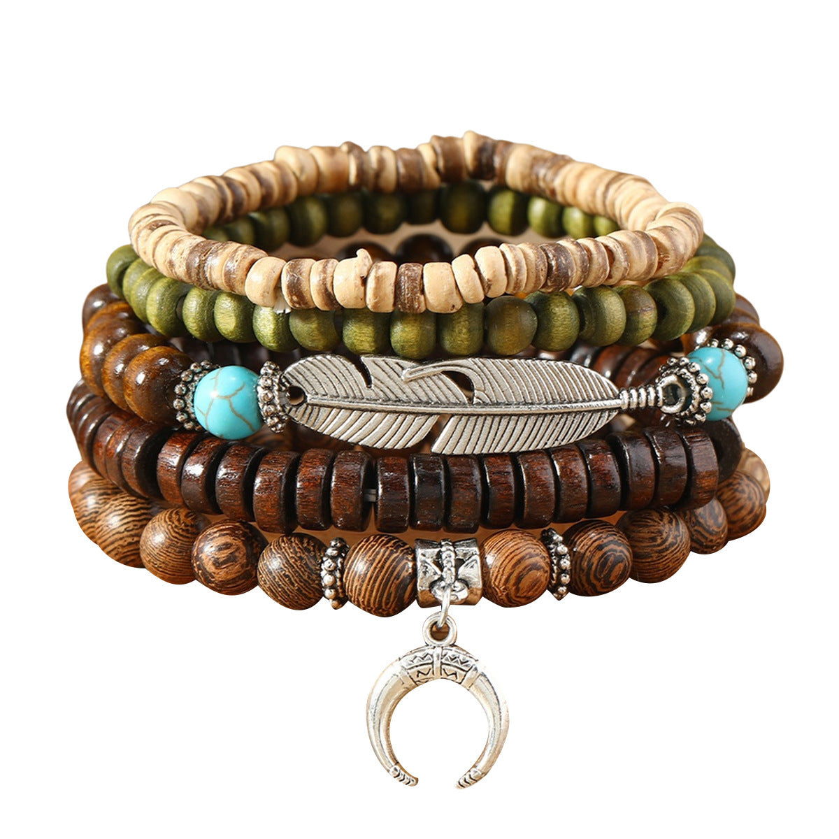 Simple Fashion Bohemian Feather Crescent Wooden Bead Bracelet