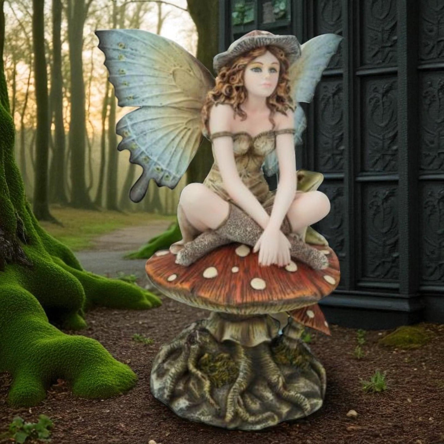 Mushroom Fairy Ornament 22cm Resin Fantasy Figurine Mystical Woodland Elf Sculpture