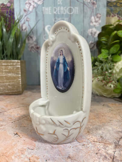 Porcelain Our Lady of the Miraculous Virgin Mary Water Font | Elegant Religious Decor | Holy Water Vessel | 13.5 cm