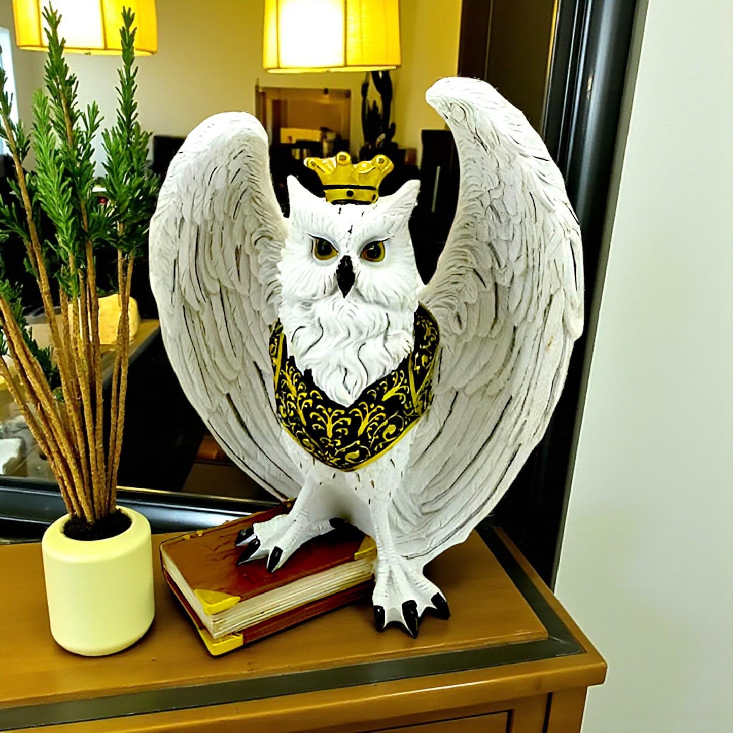 Majestic Owl with Crown Figurine Gothic Fantasy Sculpture Spell Book Ornament