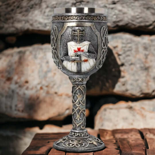 Templar Knight Chalice | Gothic Medieval Stainless Steel Goblet | Resin Art Collectible | Antique-Style Crusader Cup 19cm-Osiris Craftworks