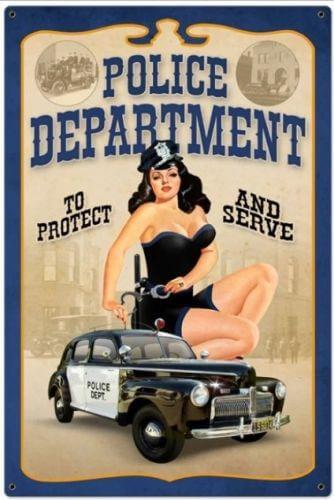 Vintage Pin-Up Girl Police Department Metal Sign - Nostalgic Decor for Law Enforcement and Retro Enthusiasts Man Cave Garage Shed-Osiris Craftworks