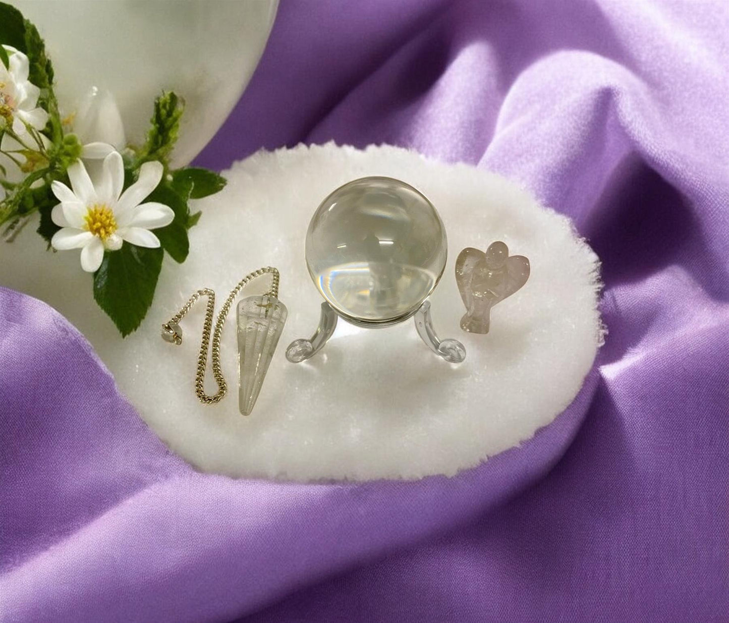 Small Clear Quartz Crystal Ball & Stand, Quartz Dowsing Pendulum & 3cm Quartz Angel Set - 4cm Sphere