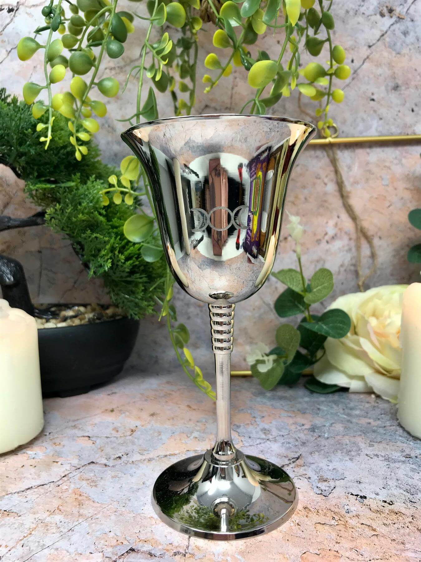 Silver Effect Triple Moon Goddess Goblet Chalice Wiccan Altar Decoration Pagan Ritual