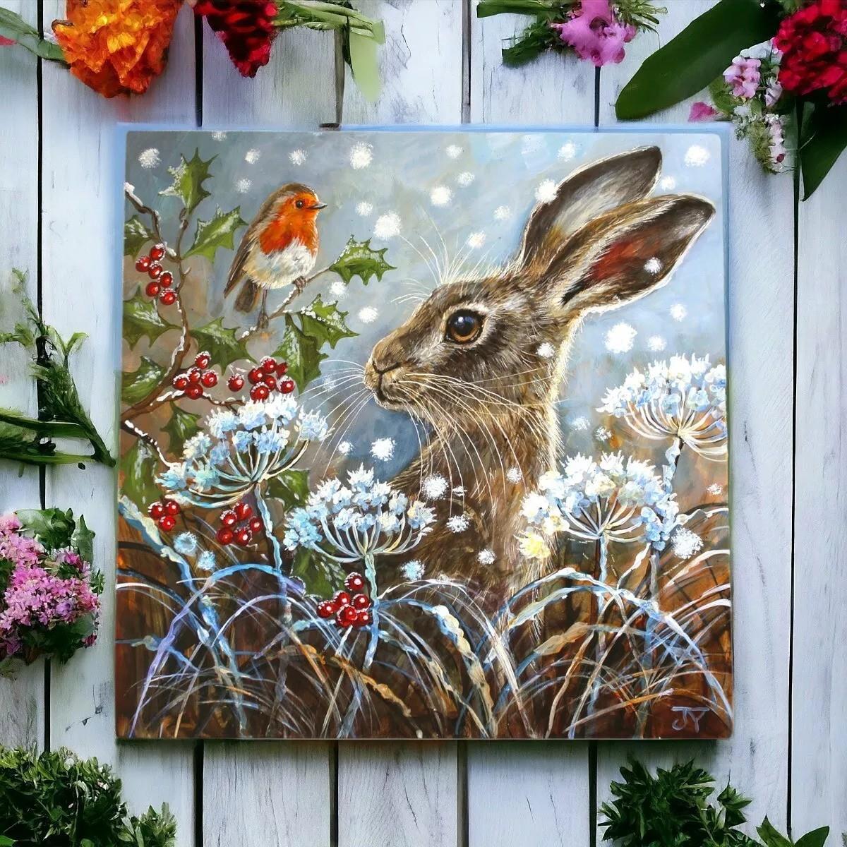 Winter Flurry Hare Ceramic Tile Judith Yates Wildlife Art Cosy Winter Wall Decor-Osiris Craftworks