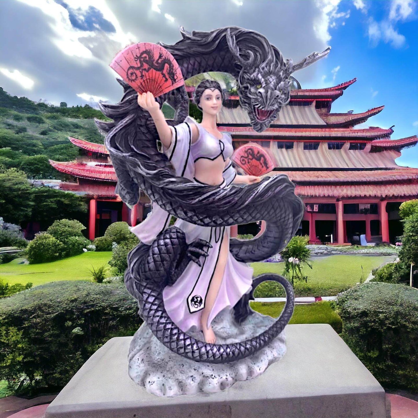 Anne Stokes Collection | Oriental Dragon Mistress Figurine | Asian-Inspired Mythical Fantasy Sculpture | Elegant Geisha with Black Dragon