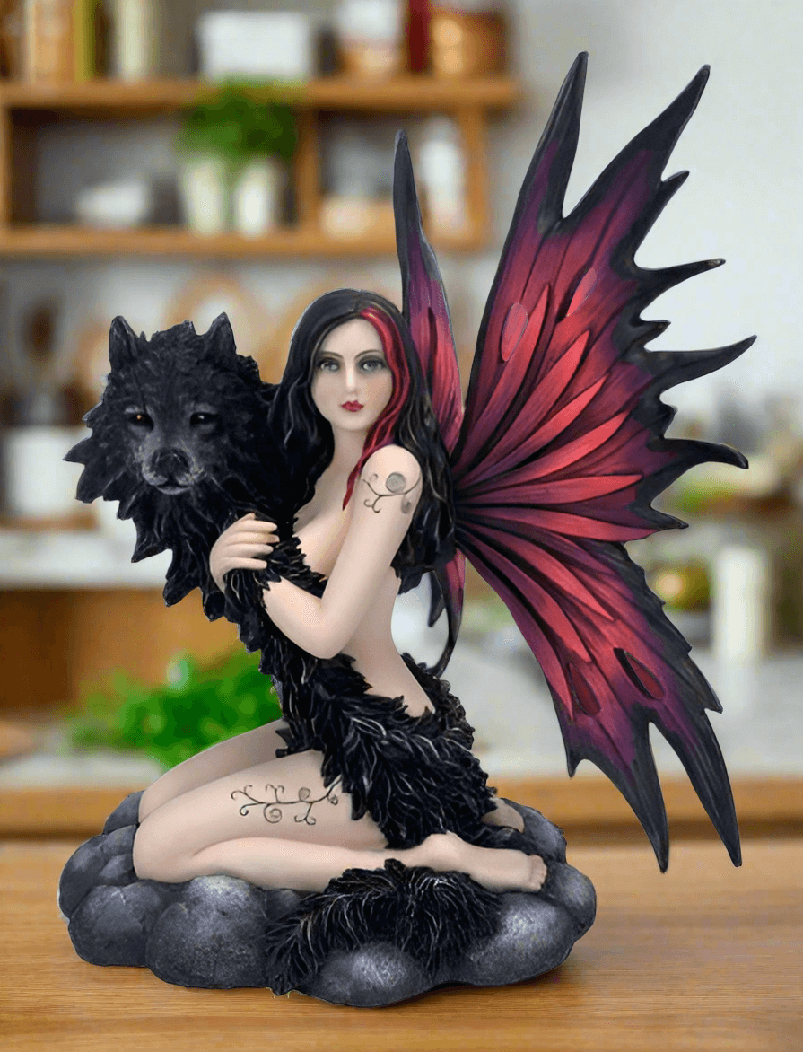 Dark Fantasy Gothic Fairy with Wolf Statue | 30cm Resin Collectible | Mystical Home Decor