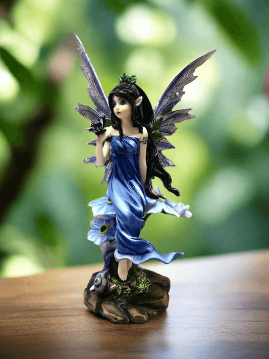 Statuette de fée en robe bleue avec papillon et fleurs, figurine décorative fabriquée à la main à partir de résine de qualité