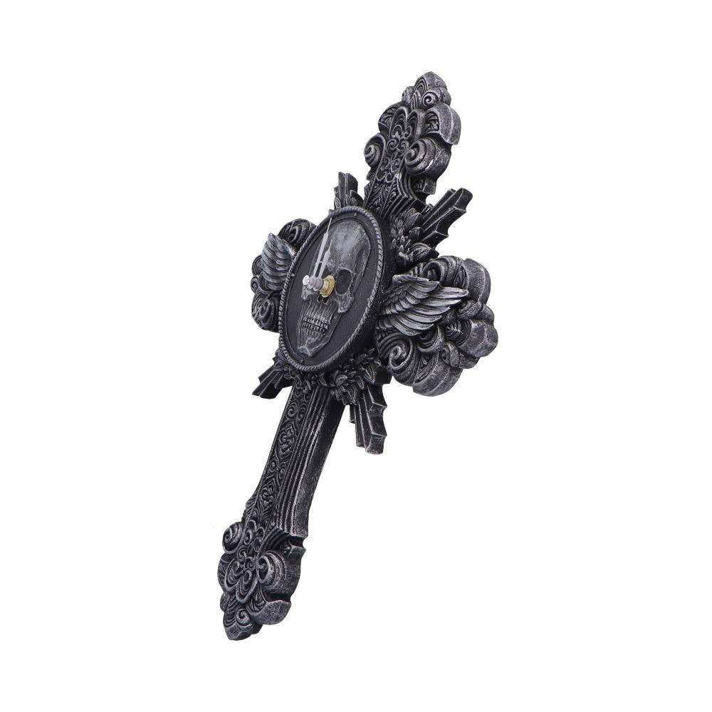 Horas Gothic Wall Clock Skull Cross Wings Silver Dark Fantasy Halloween Decor