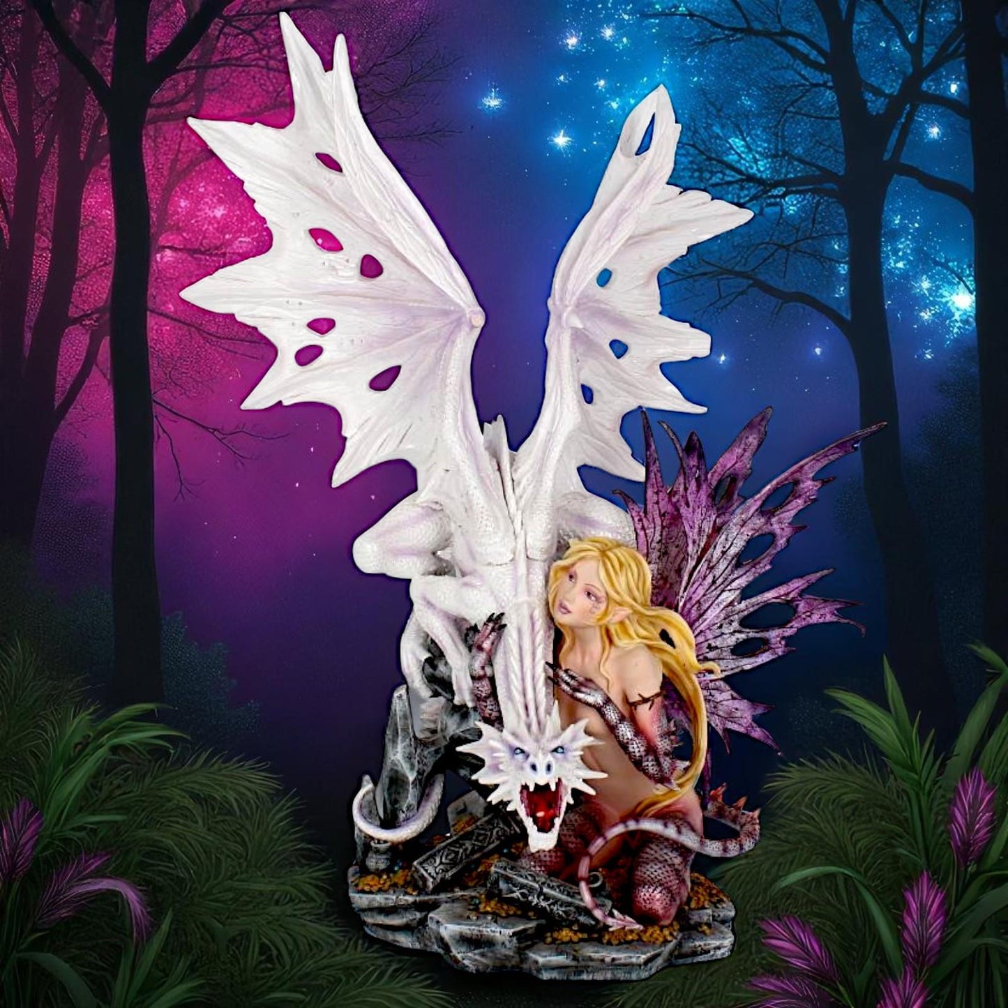 Mystical Guardian Dragon and Fairy Figurine Gothic Fantasy Enchanted Statue