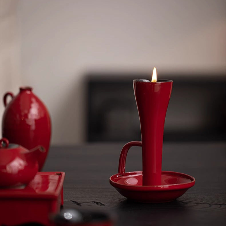 Vintage Zhu Zhumeng Red Ceramic Vintage Candlestick